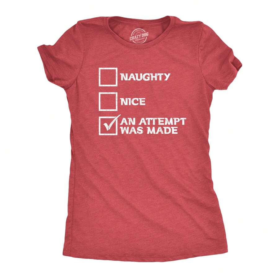 Womens Naughty Nice An Attempt Was Made T Shirt Funny Christmas Santa's List Novelty Tee Funny Womens T Shirts Cute Vintage Fashion Casual Ladies T-Shirt Gift - Heather Red - View 1