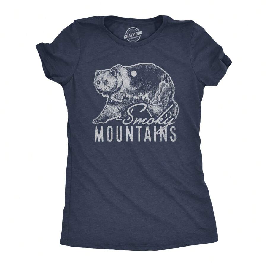 Womens Retro Smoky Mountains T Shirt Funny Camping Vintage Graphic Design Tee Guys Funny Womens T Shirts Cute Vintage Fashion Casual Ladies T-Shirt Gift - 希瑟海軍藍 - 查看 1
