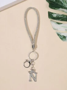 1pc Silver Plated Rhinestone Inset English Letter Keychain With Hanging Rope And Sparkling Rhinestone Wrist Strap For Anti-Lost Mobile Phone, Key And Card Souvenir Car Accessories Bag Charm Backpack For School Cute Goth Y2k Halloween Accessories Teachers Day Christmas Gift Ideas - Silver - View 8