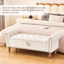 Fumahaus 52"Beige Storage Bench With Nailhead Trims Modern Linen Upholstered End Of Bed Bench With Rolled Arms Luxurious Button Tufted Entryway Bench With Wood Legs Flared Ottoman Bench For Corridor Bedroom Living Room Hallway Room Decor - Faux Linen- Beige - View 6