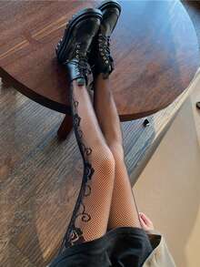 [1 cái] Quần ống lưới lưới cá gợi cảm kiểu JK kiểu Hollow Out màu đen, cỡ lớn, chữ hấp dẫn INS - màu đen - Xem 8