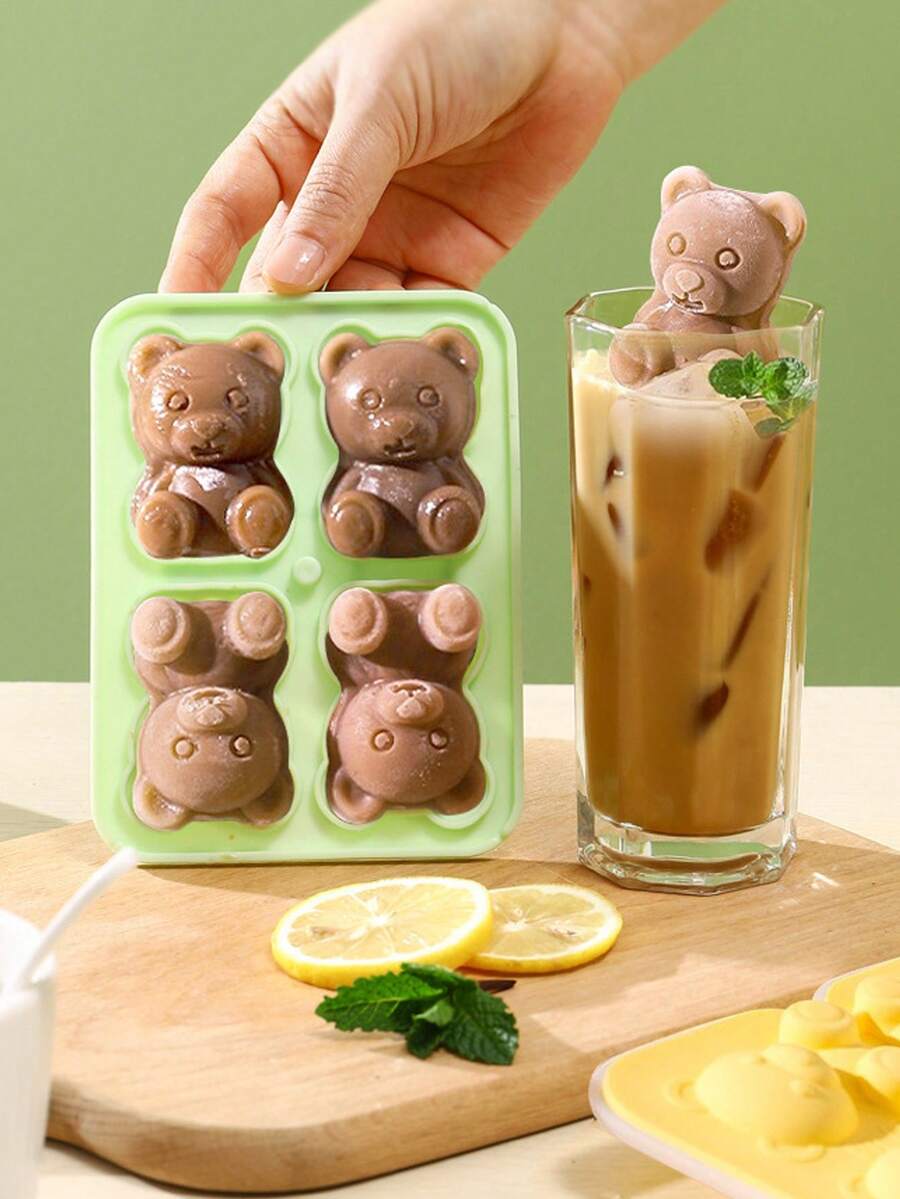 1入新款4格小熊冰塊托盤矽膠製冰模，適用於家用，時尚的冰淇淋、冰凍乳酪、冰球、冰箱 - 綠色 - 查看 1