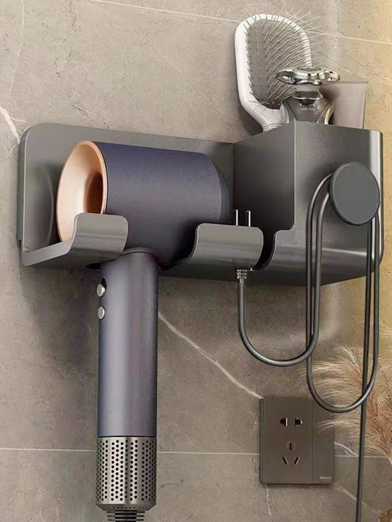 WIYETY Support Mural Sèche-Cheveux Sans Perçage - Acier Inoxydable Noir, Stable Et Pratique Pour Salle De Bain, Compatible La Plupart Sèche-Cheveux & Lisseurs