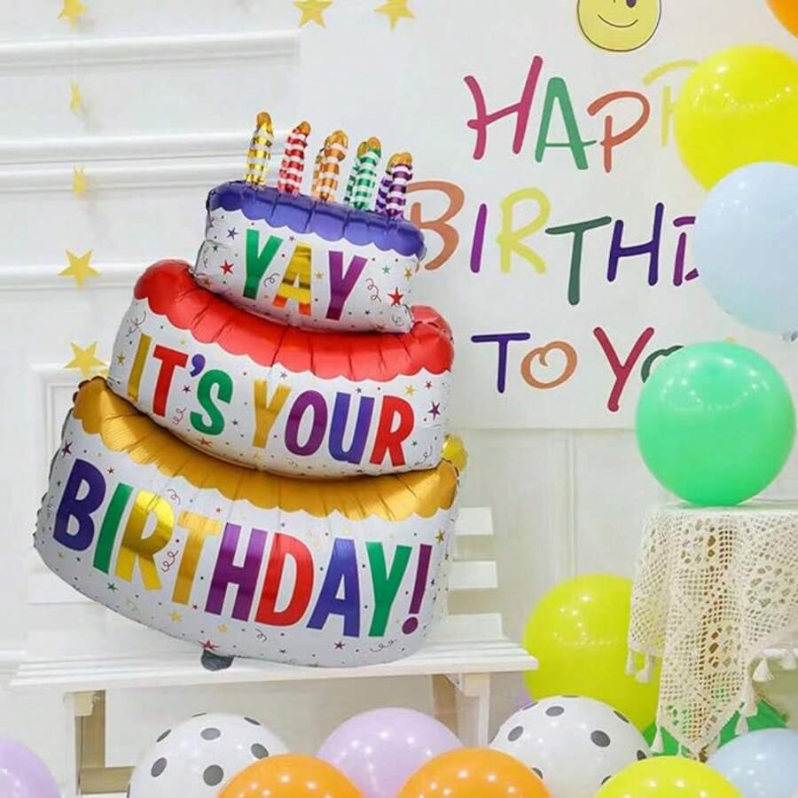 1pc/Set Three-Layer Colorful Birthday Cake Balloon, Birthday Party Decoration Balloon, Scene Arrangement Supplies, Cartoon Cake - Multicolor - View 1
