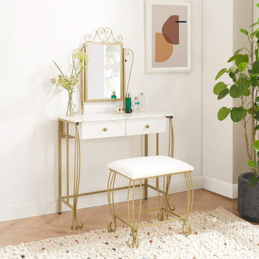 WellMall Victorian Vanity Set With Drawers,Farmhouse Mirrored Makeup Vanity Desk With Stool,Vintage Golden Metal Wooden Vanity Dresser Table With Cushioned Chair For Women,Girls - Vàng - Xem 1