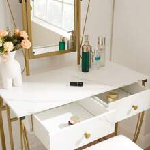 WellMall Victorian Vanity Set With Drawers,Farmhouse Mirrored Makeup Vanity Desk With Stool,Vintage Golden Metal Wooden Vanity Dresser Table With Cushioned Chair For Women,Girls - Vàng - Xem 3