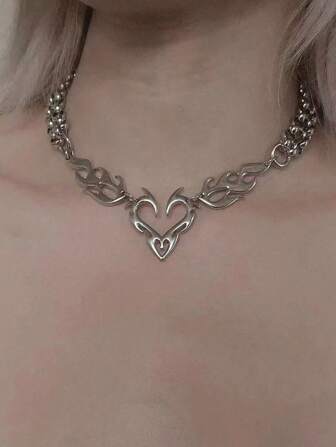 1pc Punk Silver-Color Hollow Flame Heart-Shaped Pendant For Women, Hip Hop Party Jewelry Gift Valentines,Mom,Mother,Mother's Day,Gift