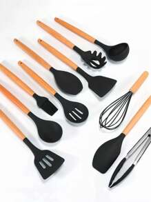 ONEEKA Juego de utensilios de cocina de silicona de 12 piezas con cubo de almacenamiento, utensilios de cocina antiadherentes resistentes al calor, herramientas de cocina antideslizantes, cucharas de silicona, herramientas de cocina, juego de utensilios de cocina para agitar,Un gran regalo de Navidad para el hogar. - Negro - Ver 4