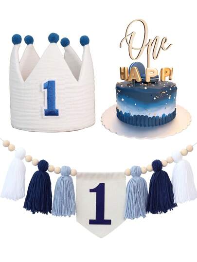 Juego de 3 decoraciones para fiesta de 1er cumpleaños: Banderines con borlas azules, corona de 1er cumpleaños, decoración de fiesta