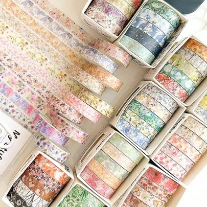 5 Rolls Washi Tape Decorative Stickers For Diary Scrapbooking, Flower Patterned Tearable And Traceless Adhesive Tape Back To School