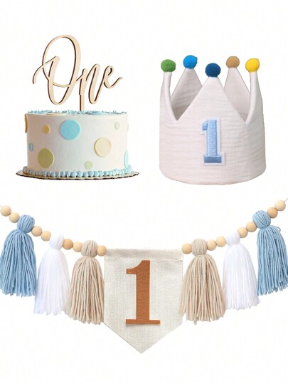 Set di 3 pezzi per decorazione festa di primo compleanno: banner per seggiolone con nappine blu, corona per primo compleanno, decorazioni per la festa