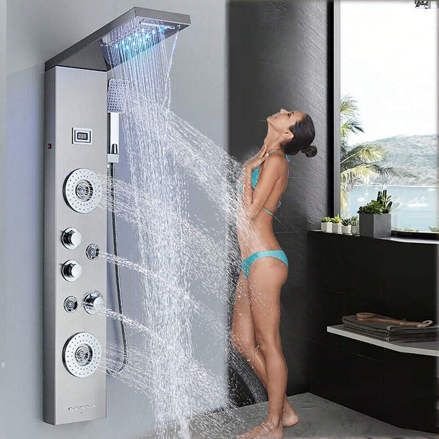 Brushed Nickel Shower Panel Tower LED Shower System Set Wall Mounted - Silver - View 1