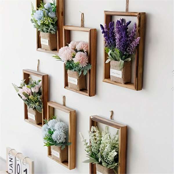 1/4 piezas Marcos de plantas florales realistas, marco de fotos de madera 3D - Decoración de pared con plantas vivas, ideal para estética de granja, decoración del hogar, decoración de habitaciones, decoración de pared