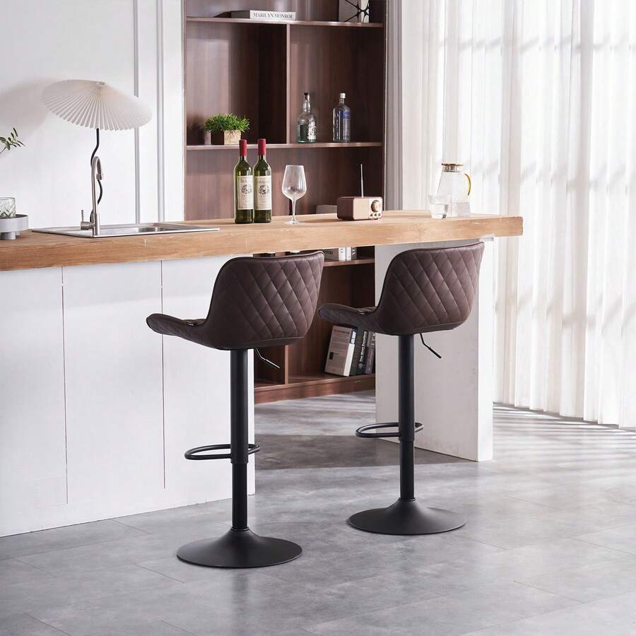 Bar Stools Faux Leather Set Of 2 Barstools With Back Swivel Adjustable