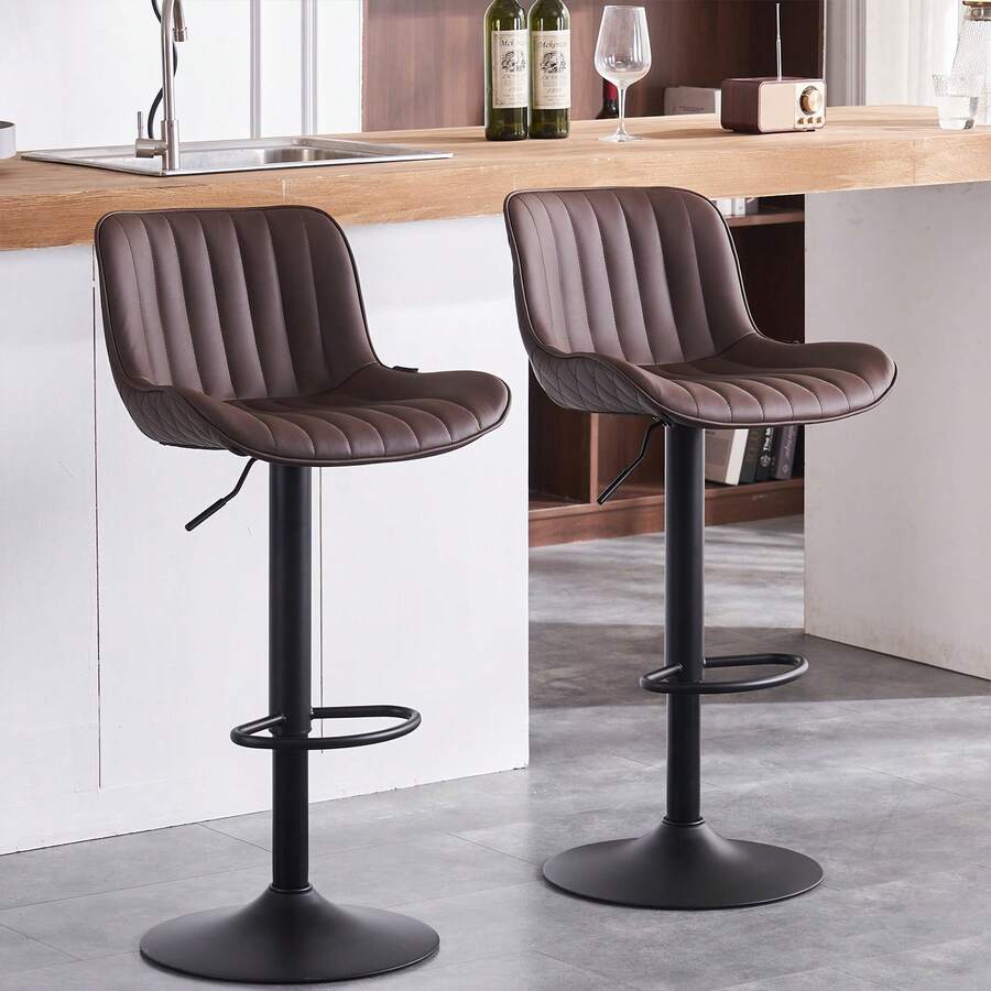 Bar Stools Faux Leather Set Of 2 Barstools With Back Swivel Adjustable