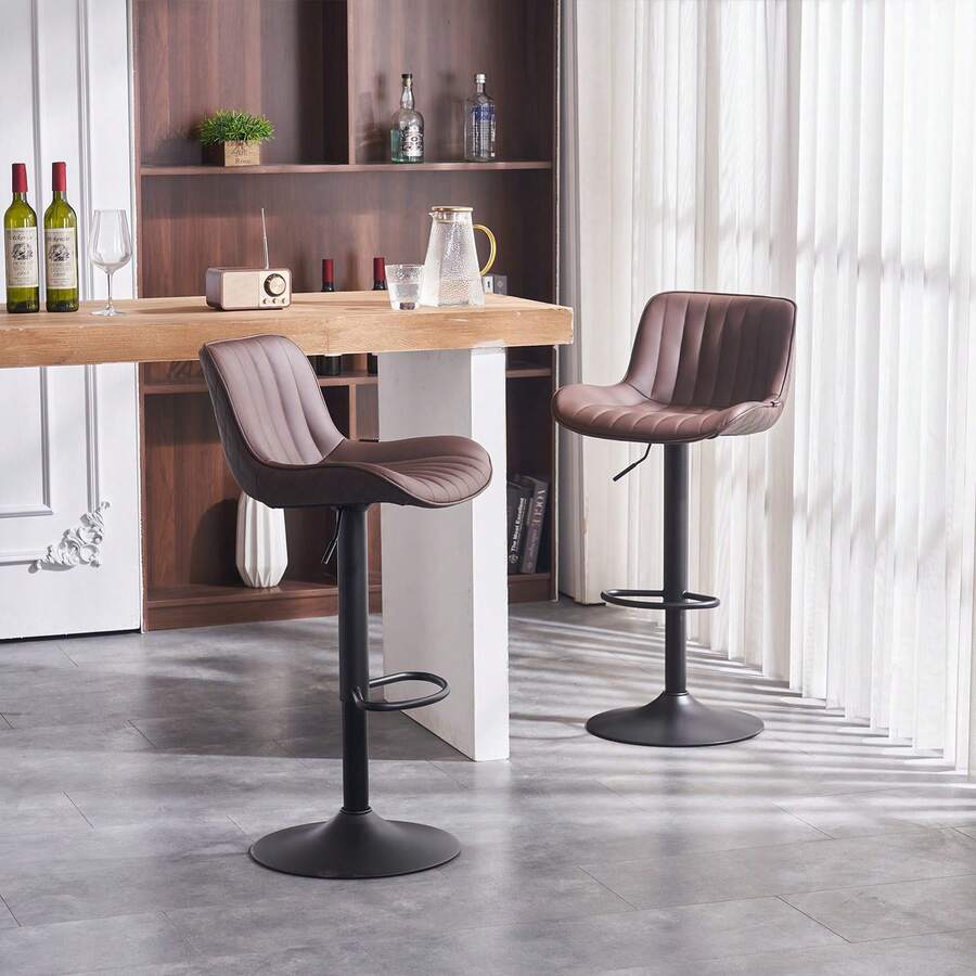 Bar Stools Faux Leather Set Of 2 Barstools With Back Swivel Adjustable