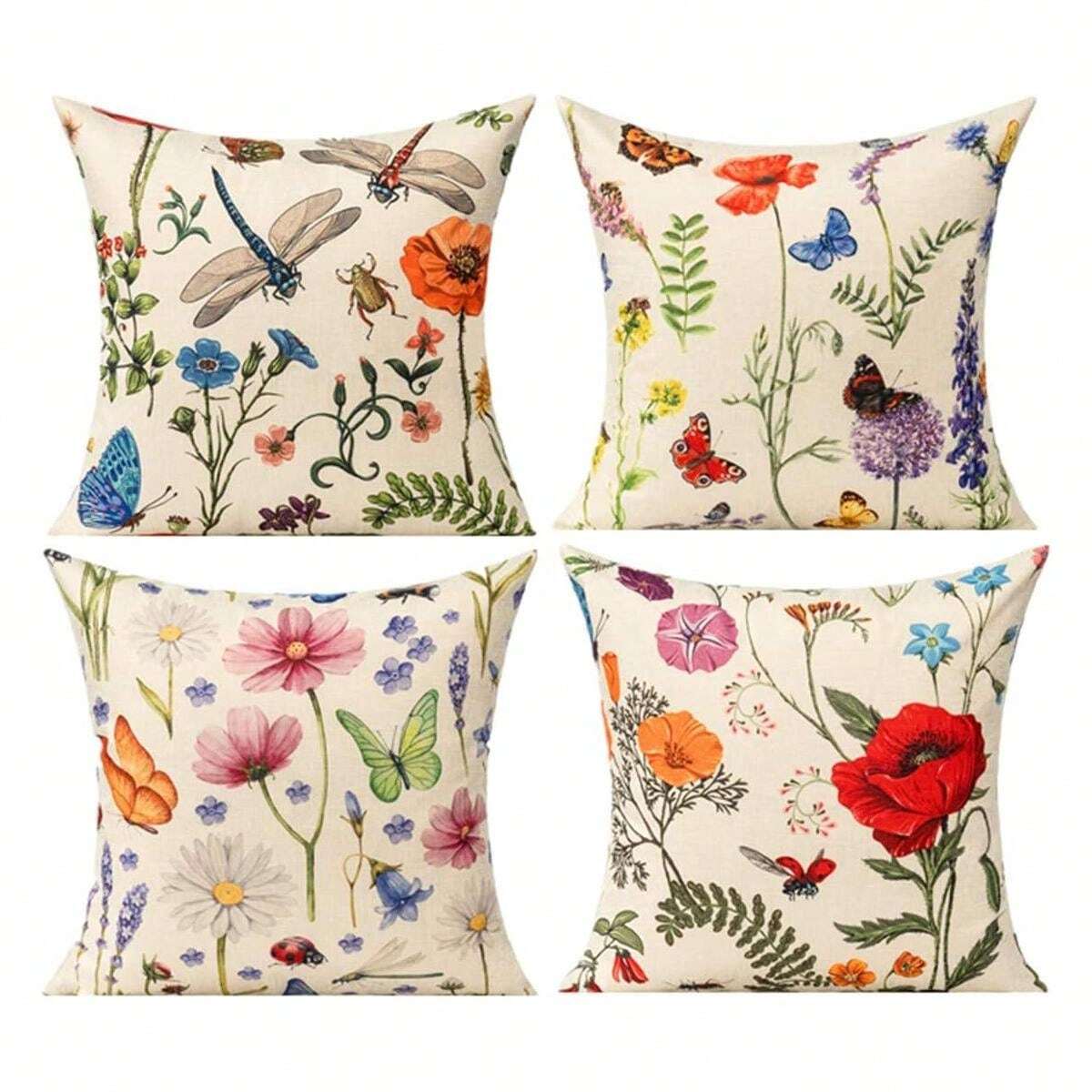 Juego de 4 fundas de cojín para patio exterior con decoración de flores