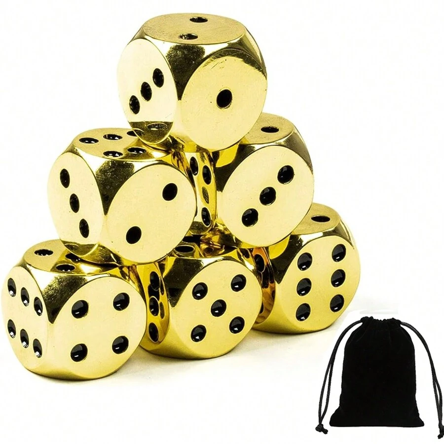 6入組金屬實心骰子，帶有天鵝絨袋的桌上遊戲配件，適用於聚會家庭聚會遊戲，生日派對用品，主題派對遊戲配件，酒吧和俱樂部，家庭聚會，派對用品（金色） - 金色 - 查看 1