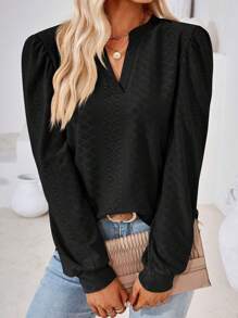 Women's Long Sleeve Chiffon Tops Printed V Neck Casual Dressy Blouses Loose Tunic Tops Office Work Wear Summer Solid Loose Shirts - 黑色 - 查看 4