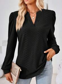 Women's Long Sleeve Chiffon Tops Printed V Neck Casual Dressy Blouses Loose Tunic Tops Office Work Wear Summer Solid Loose Shirts - 黑色 - 查看 1