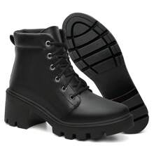 Bota Coturno Feminino Liso Salto Bloco Tratorado Caramelo E Preto Numerações Especiais 34 Ao 42
