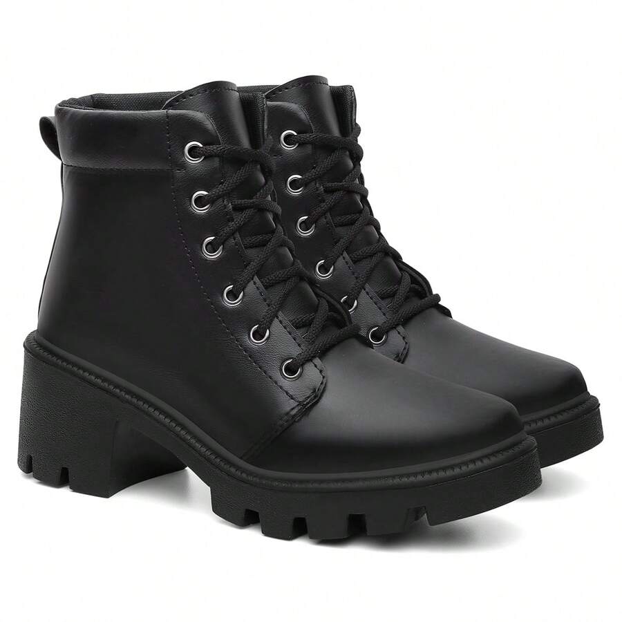Bota Coturno Feminino Liso Salto Bloco Tratorado Caramelo E Preto Numerações Especiais 34 Ao 42