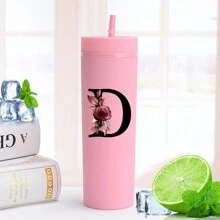 1入組A-Z字母圖案16oz純色塑料水瓶，適用於夏季/冬季飲料，扁底牛奶/咖啡杯，旅行配件，母親節禮物，伴娘/新娘禮物 - 粉色 - 查看 3