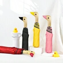 Rain 42inch Three Folds  Duck Head Umbrella With Wooden Duck Shape Handle - Pink - View 2