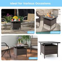 Patio Rattan Side Table, All-Weather Slatted Square PE Wicker Bistro Table With Umbrella Hole, Outdoor Dining Coffee Tea Table Stand For Garden Lawn Balcony Backyard - Brown - View 7