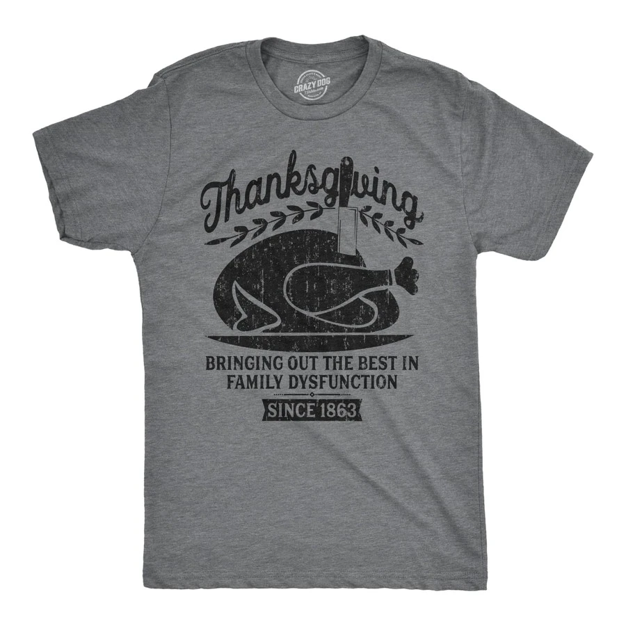 Mens Thanksgiving Bringing Out The Best In Family Dysfunction T Shirt For Guys Mens Funny T Shirts Cool Vintage Fashion T-Shirt Gift Classic Menswear - 深希瑟灰色 - 查看 1
