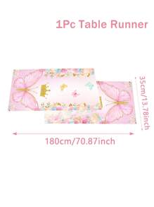 1 pièce Chemin de table thème papillon rose en polyester, 180*35cm, chemin de table couronne de fleurs papillon, convient pour anniversaire thème papillon, baby shower, mariage, fête de famille, décoration de table à manger, nappe jetable - Rose bonbon - Voir 3