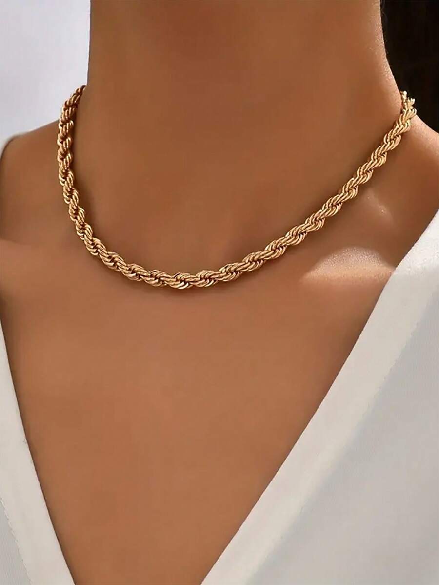 1pc Fashionable Exaggerated Rope Chain Braided Necklace, Suitable For Daily Wear - Gold - View 1