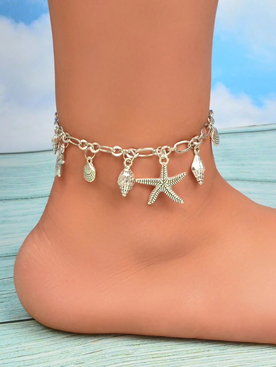 1 pezzo Cavigliera da donna con charm a forma di stella marina e conchiglia, serie Ocean argento