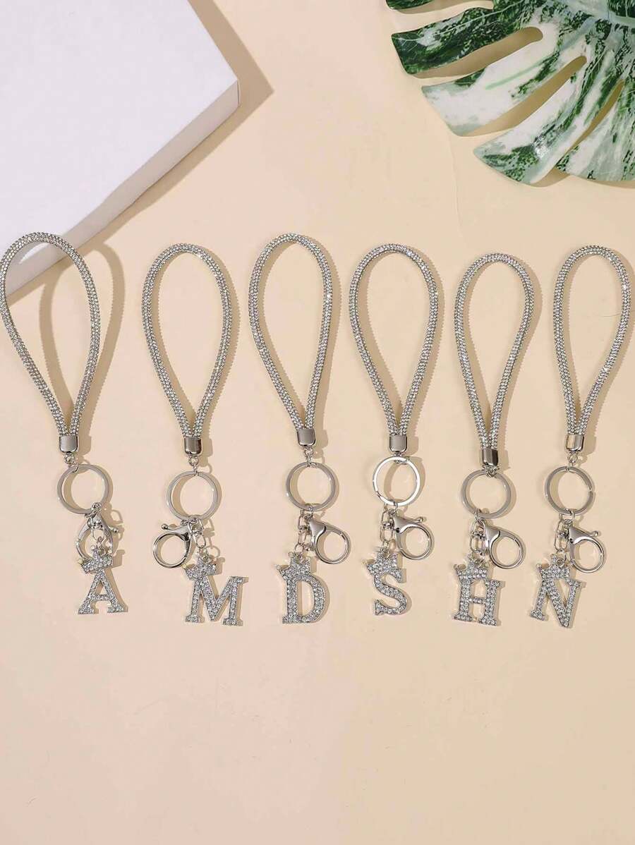 1pc Silver Plated Rhinestone Inset English Letter Keychain With Hanging Rope And Sparkling Rhinestone Wrist Strap For Anti-Lost Mobile Phone, Key And Card Souvenir Car Accessories Bag Charm Backpack For School Cute Goth Y2k Halloween Accessories Teachers Day Christmas Gift Ideas - Silver - View 1