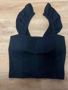 Women's Ribbed Cropped Strap With Ruffles - 黑色 - 查看 2