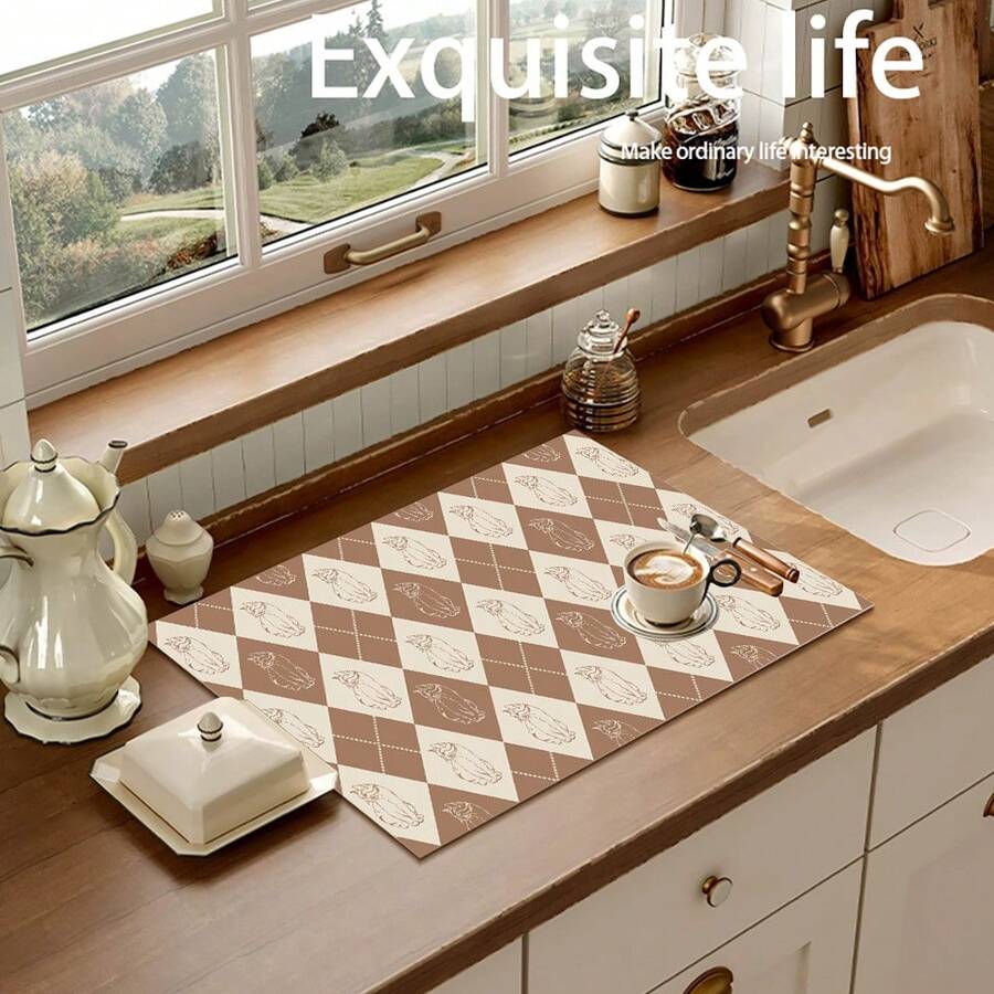 1pc Simple Cat Design Diamond-Shaped Anti-Slip Dish Drying Mat - Super Absorbent & Wear-Resistant Coffee Machine Mat, For Home Kitchen Supplies And Outdoor Patio Table Decoration - Multicolor - View 1