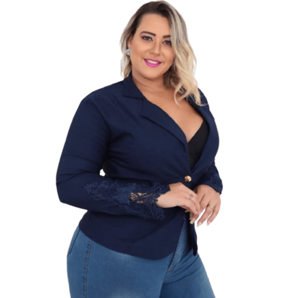 Blazer Plus Size Bengaline Renda Na Manga Com Botão