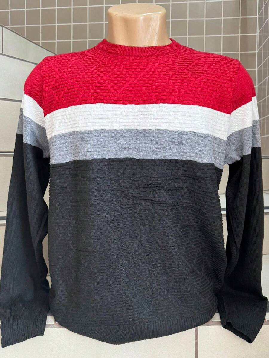 SUN CAI Sueter tricot masculino casaco blusa de frio gola redonda manga longa blusa de Lã Lisa