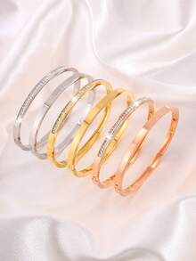 6 Pcs Gorgeous Fashion Neutral Stainless Steel Plain Face Single Row Drill Bangle Combination Festival Send Parents Send Friends And Relatives - Multicolor - View 4