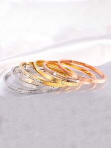 6 Pcs Gorgeous Fashion Neutral Stainless Steel Plain Face Single Row Drill Bangle Combination Festival Send Parents Send Friends And Relatives - Multicolor - View 6