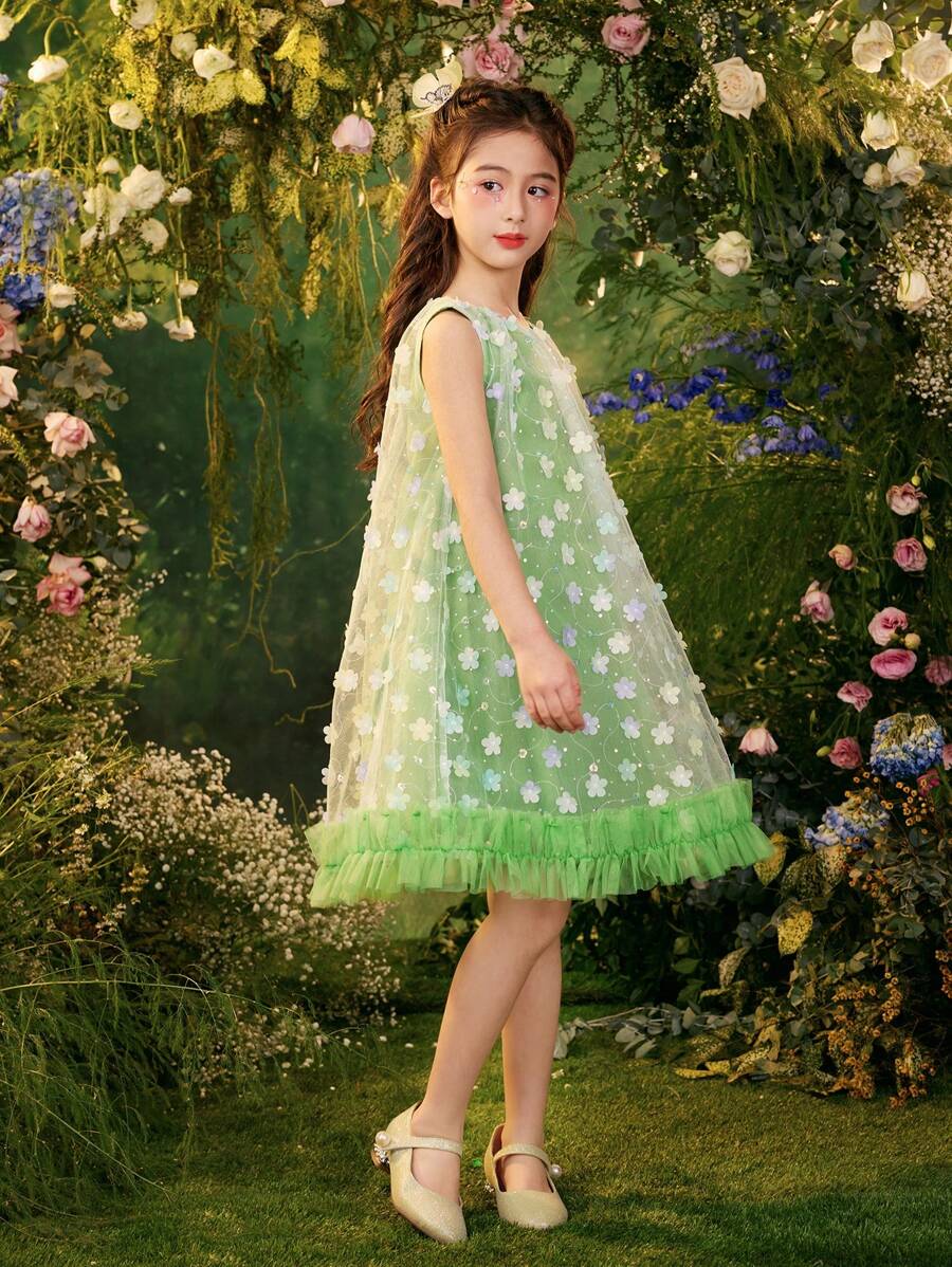 Dimu Tween Girl 2024 Summer New Three-Dimensional Flower Super Fairy Princess Sleeveless Sundress - Green - View 1