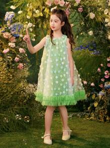 Dimu Tween Girl 2024 Summer New Three-Dimensional Flower Super Fairy Princess Sleeveless Sundress - Green - View 9
