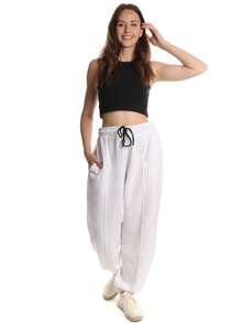Pants para mujer jogger con bolsillo outfit fashion casual/deportivo liso con cordón - Blanco - Ver 2