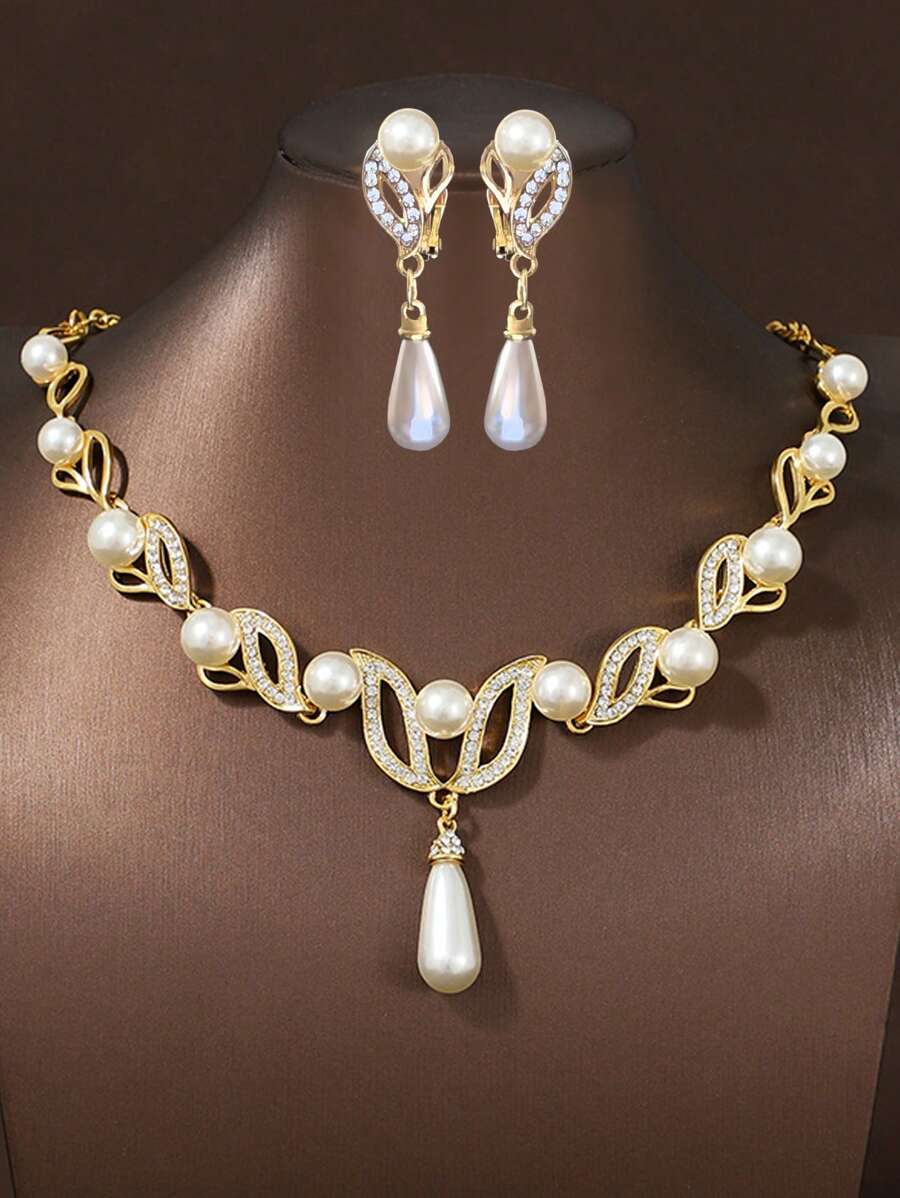 歐美時尚豪華鍍金項鍊與耳夾套裝，無須穿耳即可佩戴，有金色與銀色可選 - 金色 - 查看 1