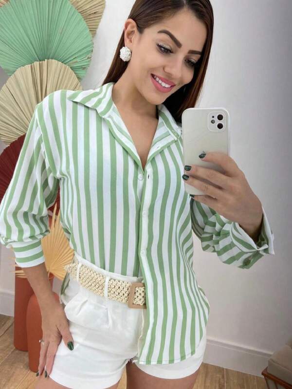 L&Z Mode CAMISA feninino com botao manga longa comprimento listar