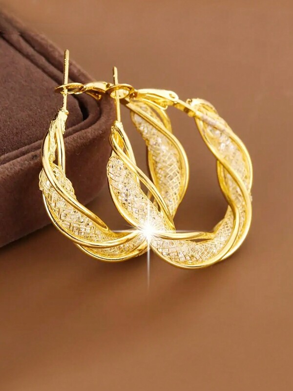 1 Pair Golden Mesh Round Hoop Earrings