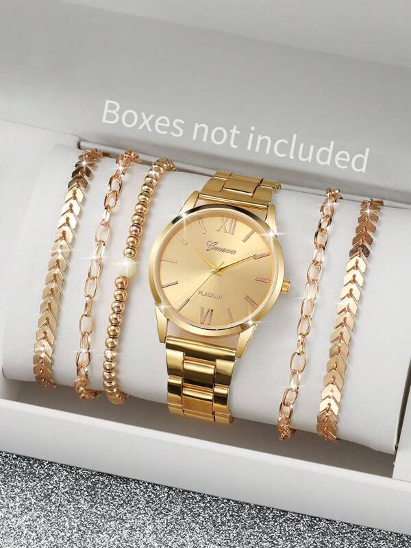 Conjunto de reloj de cuarzo con esfera de escala romana simple de moda con cinturón de acero y pulsera (6 piezas/set) como regalo para estudiantes que regresan a la escuela