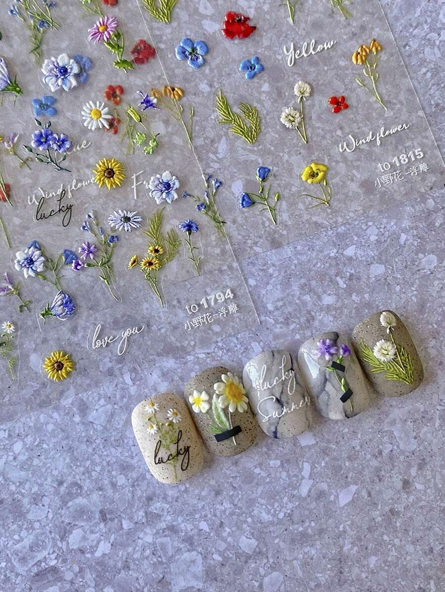1張可愛的野花5D浮雕美甲貼花，多彩美麗的雛菊花向日葵美甲貼紙，3D美甲貼花，DIY手工妝點 - 彩色 - 查看 1