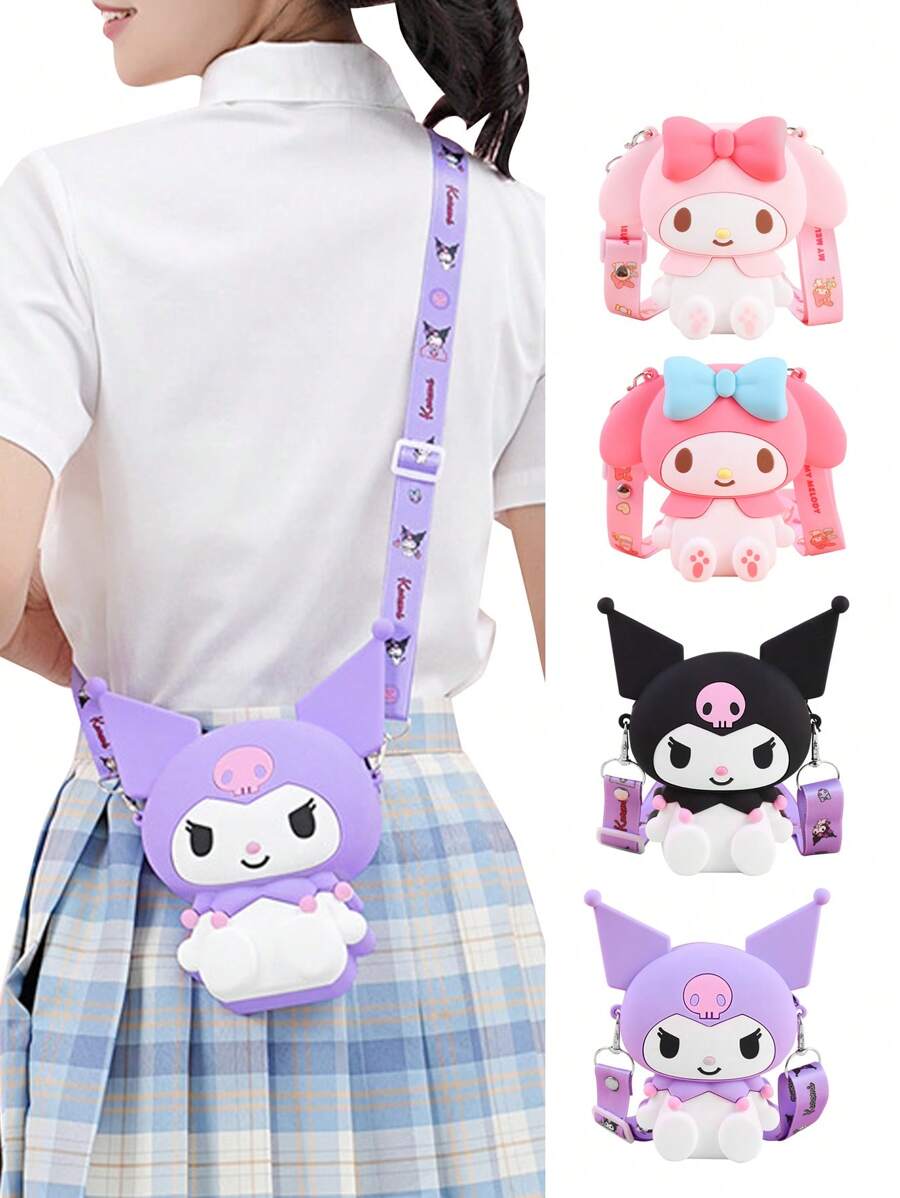 Sanrio 1Pc Genuine Sanrio Series Shoulder Bags Hello Kitty Kuromi Melody Sitting Position Crossbody Bag Kitty Cat Anime Character Silicone Purse Decorate Accessories (Some Parts May Be Random), Hello Kitty Pink, Pompompurin