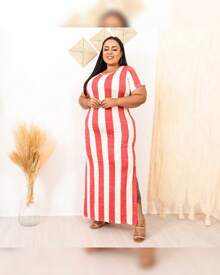 Plus Size Dresses - 紅色條紋 - 查看 2